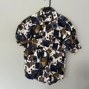 Vintage Accents Button Down Shirt Men's Size XL Tropical Print White Blue Brown